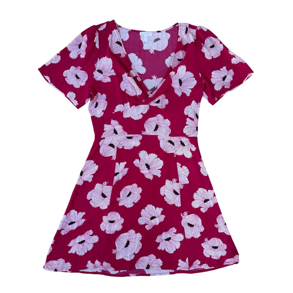 Leith Women's Medium Burgundy Floral V-Neck Fit & Flare‎ Mini Dress Short Sleeve
